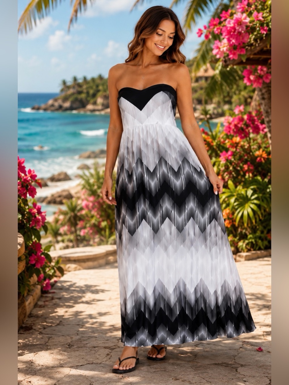 Everlast Black White Chevron Maxi Dress XL | Strapless Resort Vacation Cruise